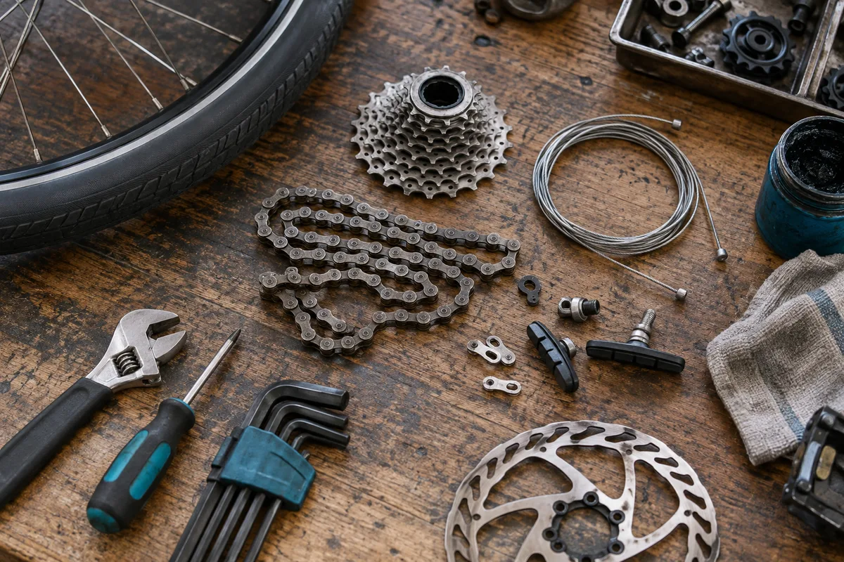 Fietsonderdelen en gereedschap op een werkbank