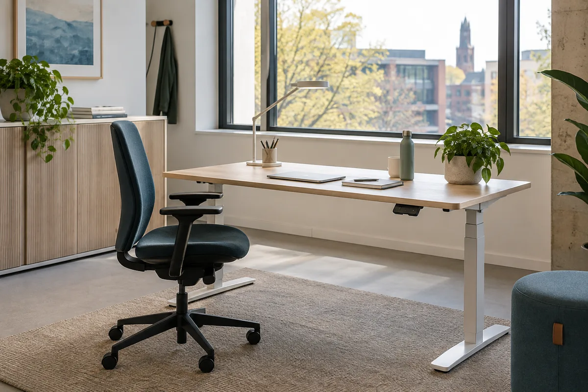 In hoogte verstelbaar bureau met ergonomische stoel