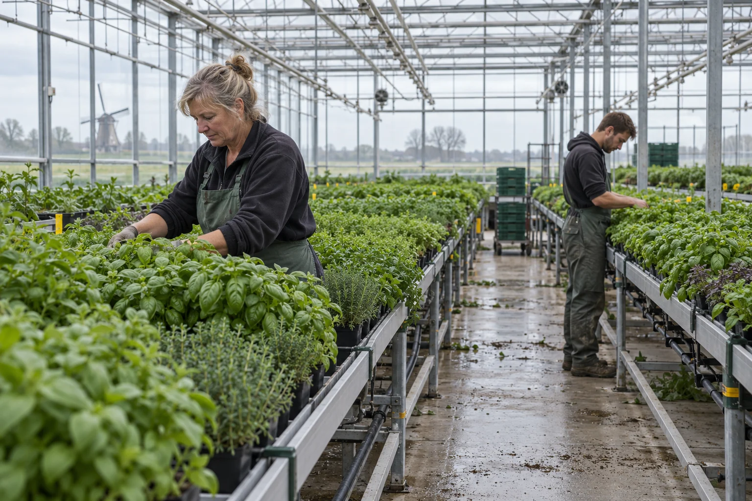 Collega’s werken tussen kruidenplanten in een kas