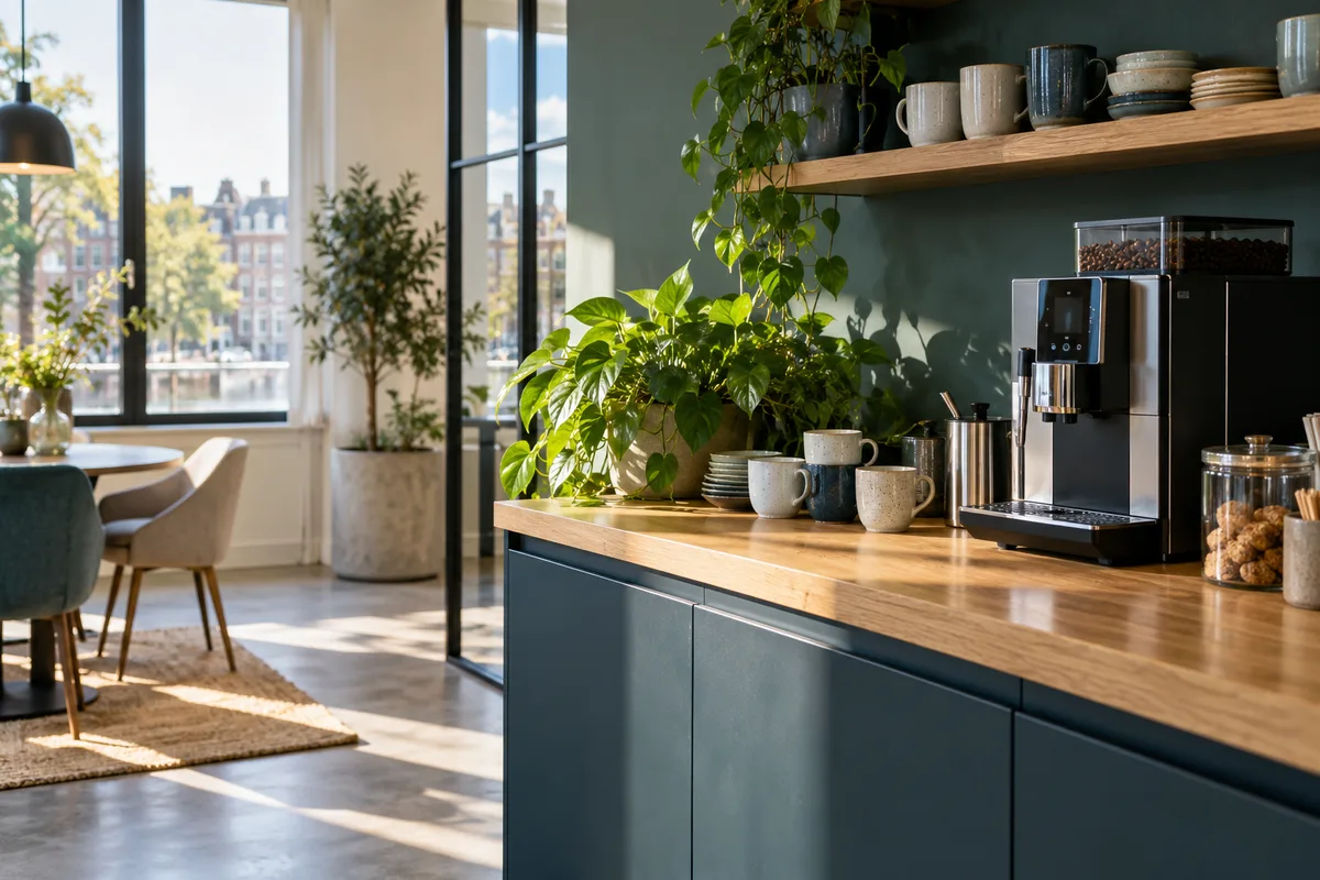 Koffiehoek met keramieken kopjes en planten