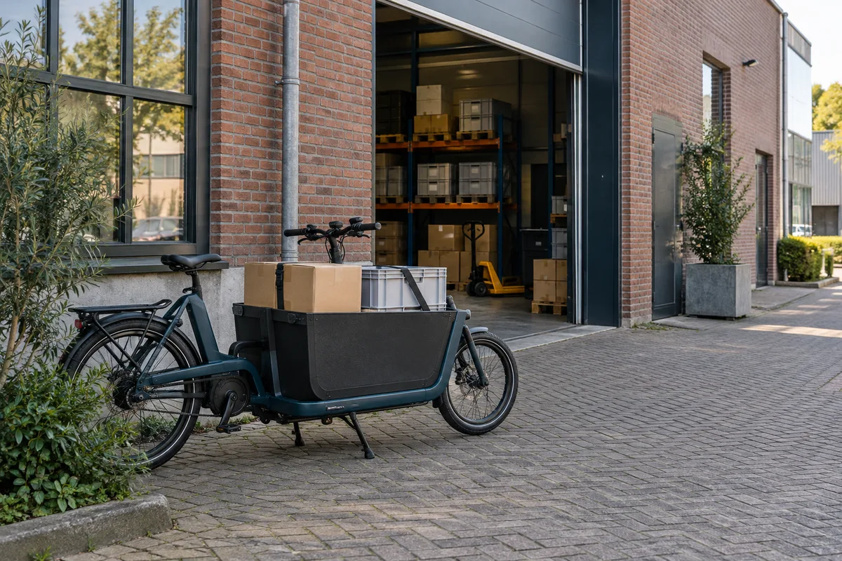 Elektrische bakfiets bij een magazijn