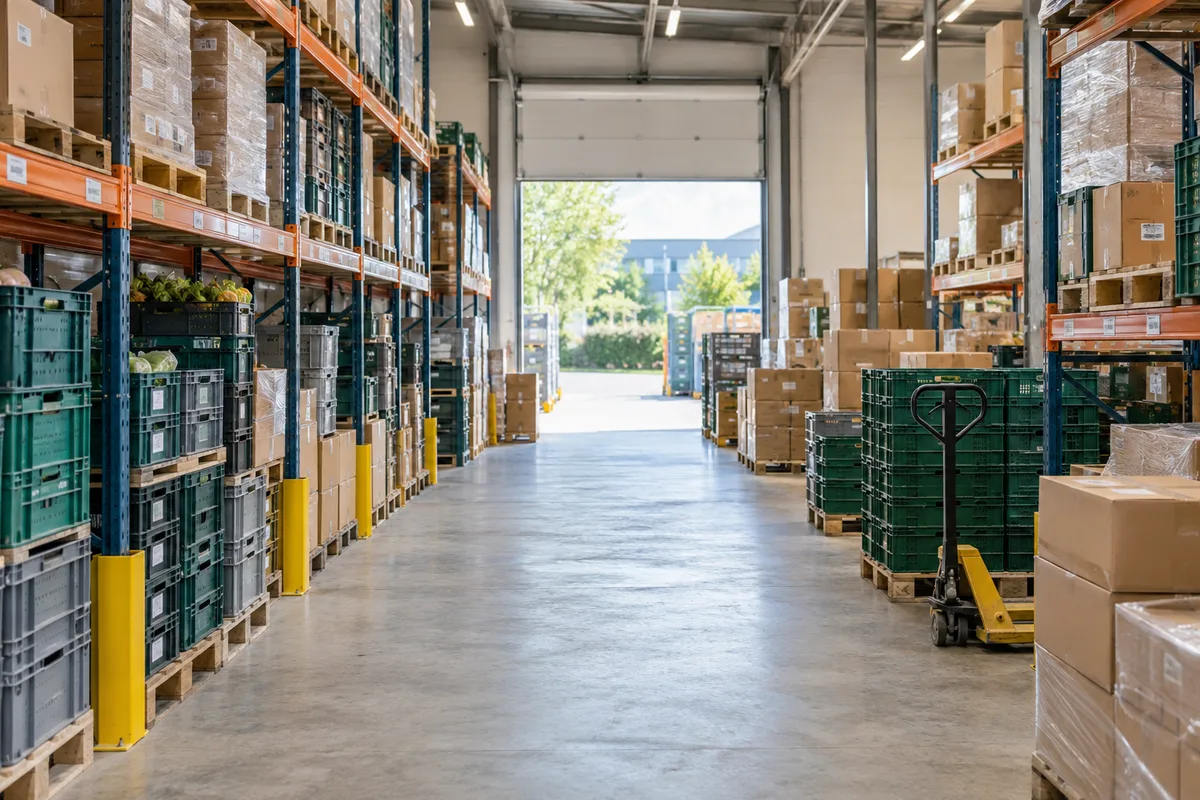 Magazijn met herbruikbare kratten en verpakkingen