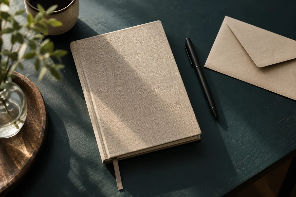 Notitieboek en envelop op een bureau
