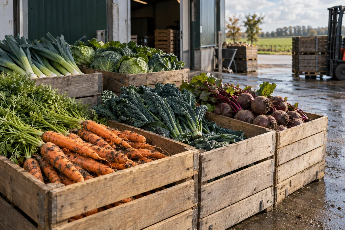 Kraten met verse groenten bij een leverancier