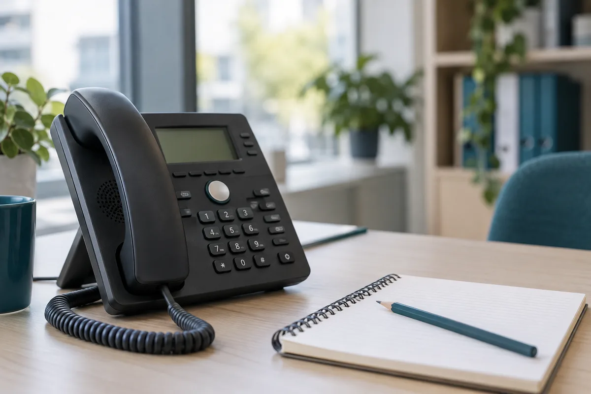 Bureautelefoon naast een notitieboek