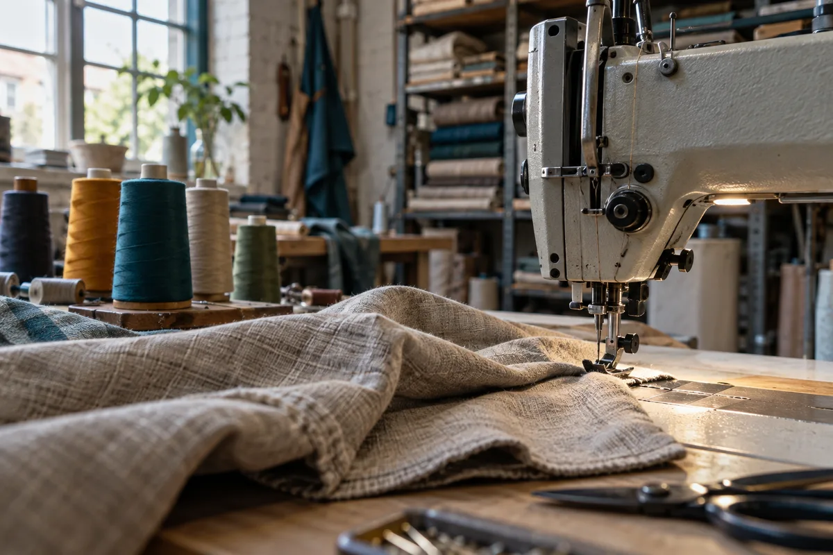 Naaimachine met linnen en garen in een textielatelier
