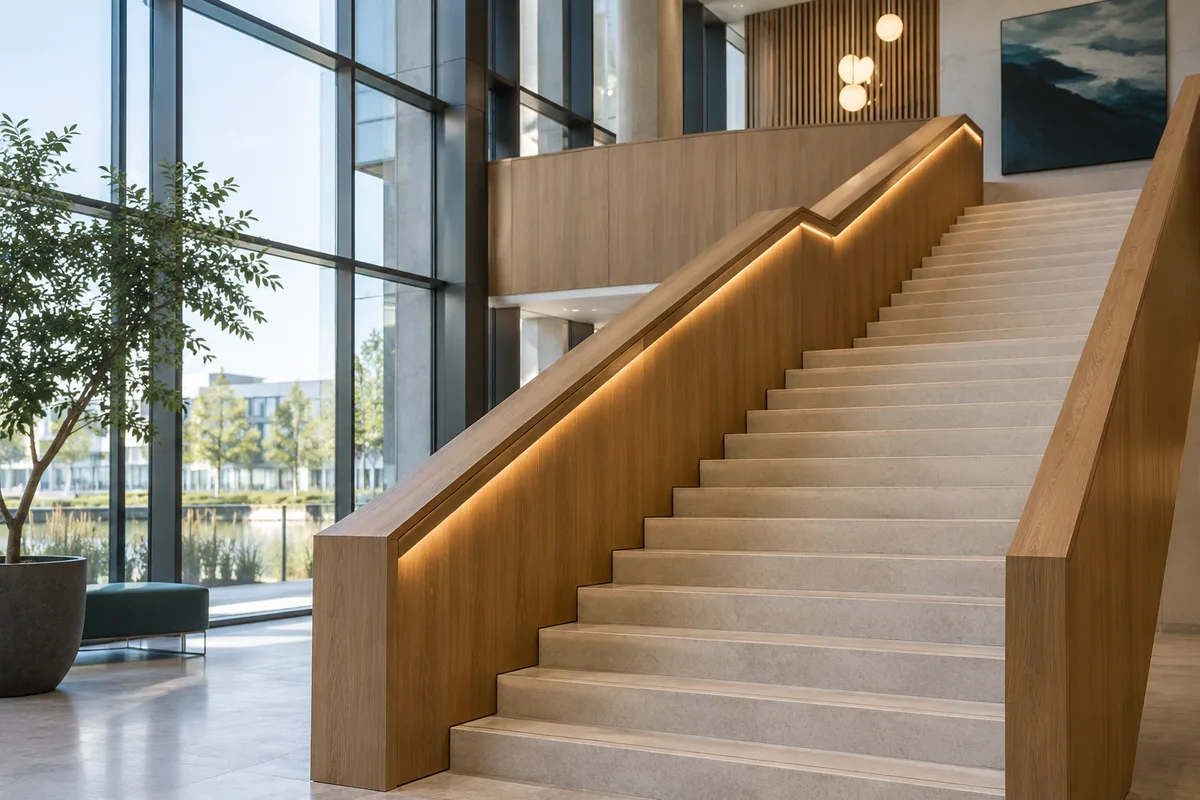 Houten trap in een licht bedrijfsgebouw