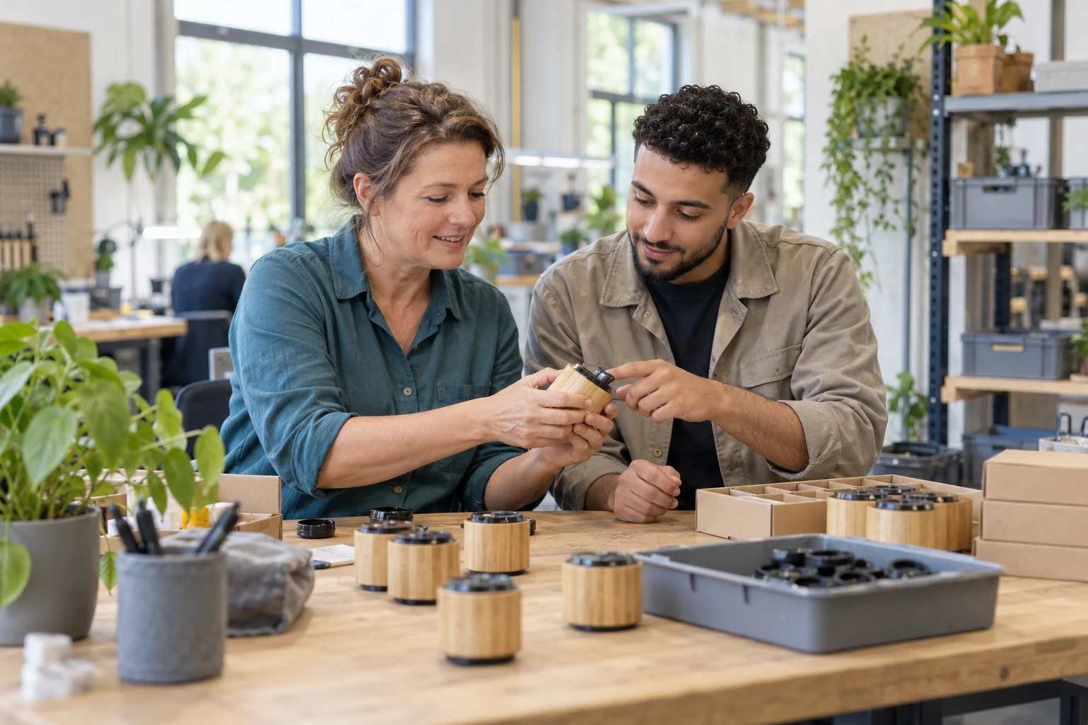 Twee collega’s controleren samen een product in een lichte werkplaats